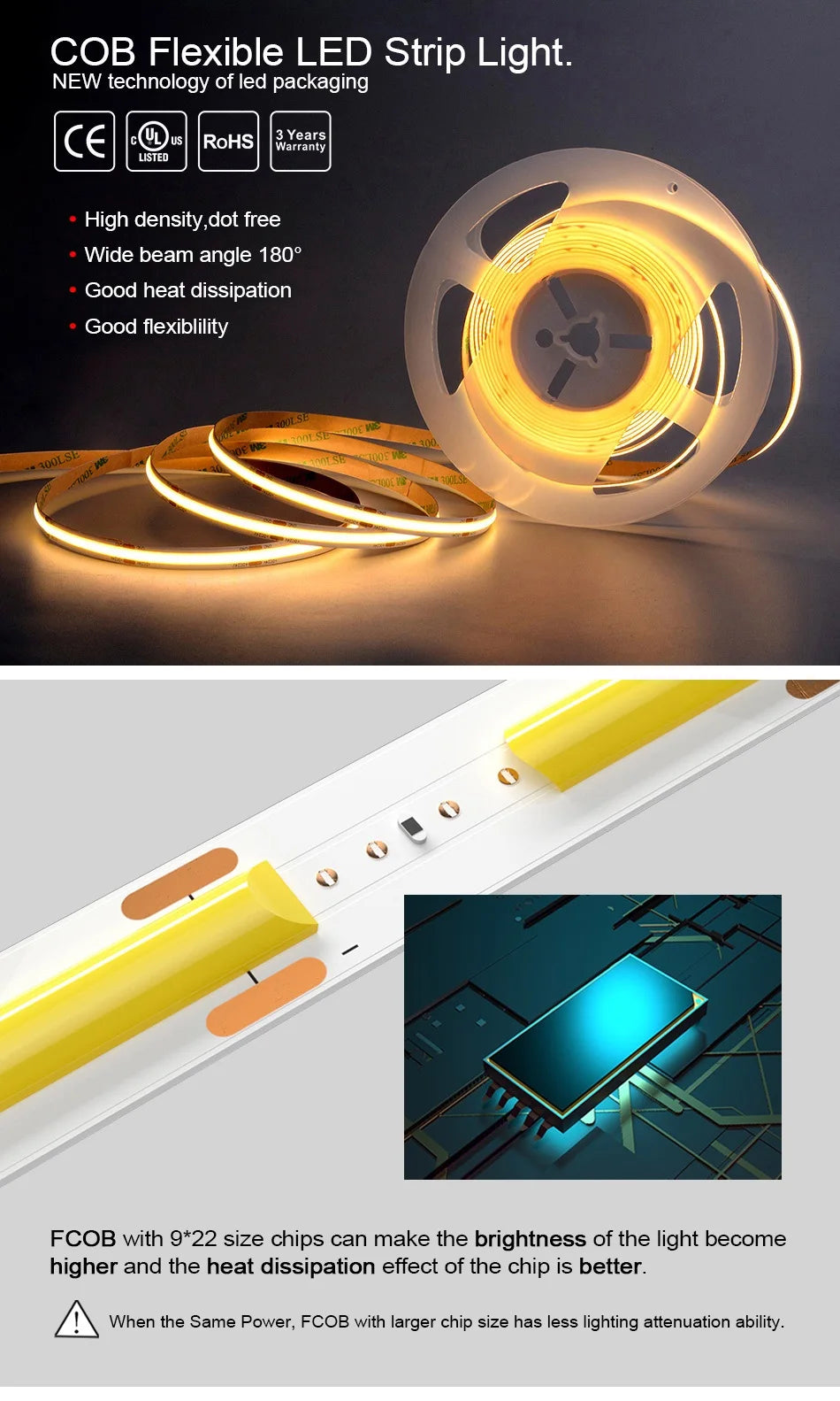 UL Listed COB LED Strip Light, Flexible LED strip with high-density 9x22mm chips for bright, even light.