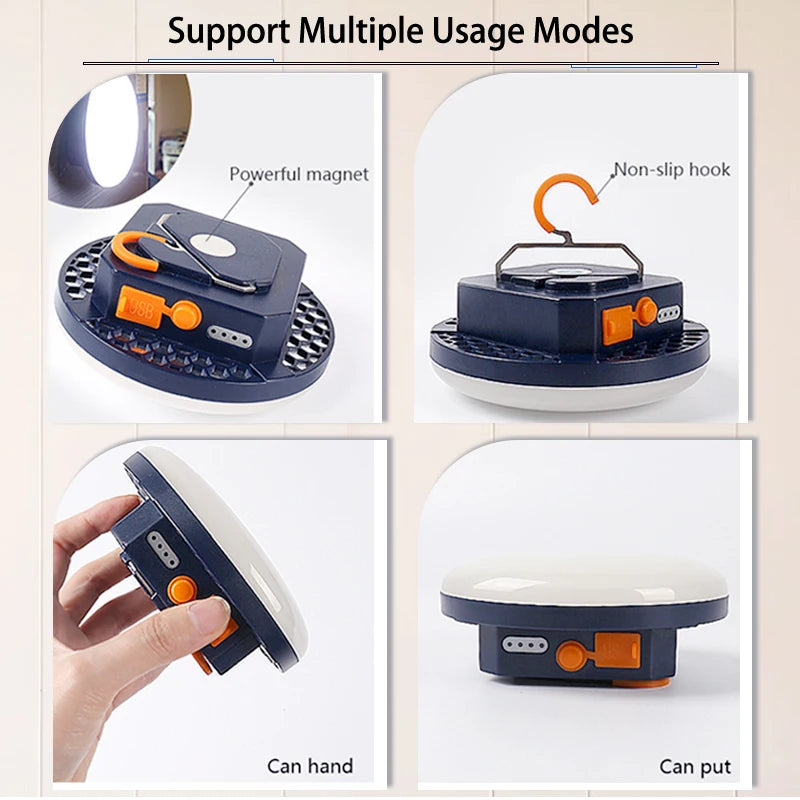 9900mAh LED Tent Light, Versatile tool with magnet, hook, and adjustable handle for various uses.