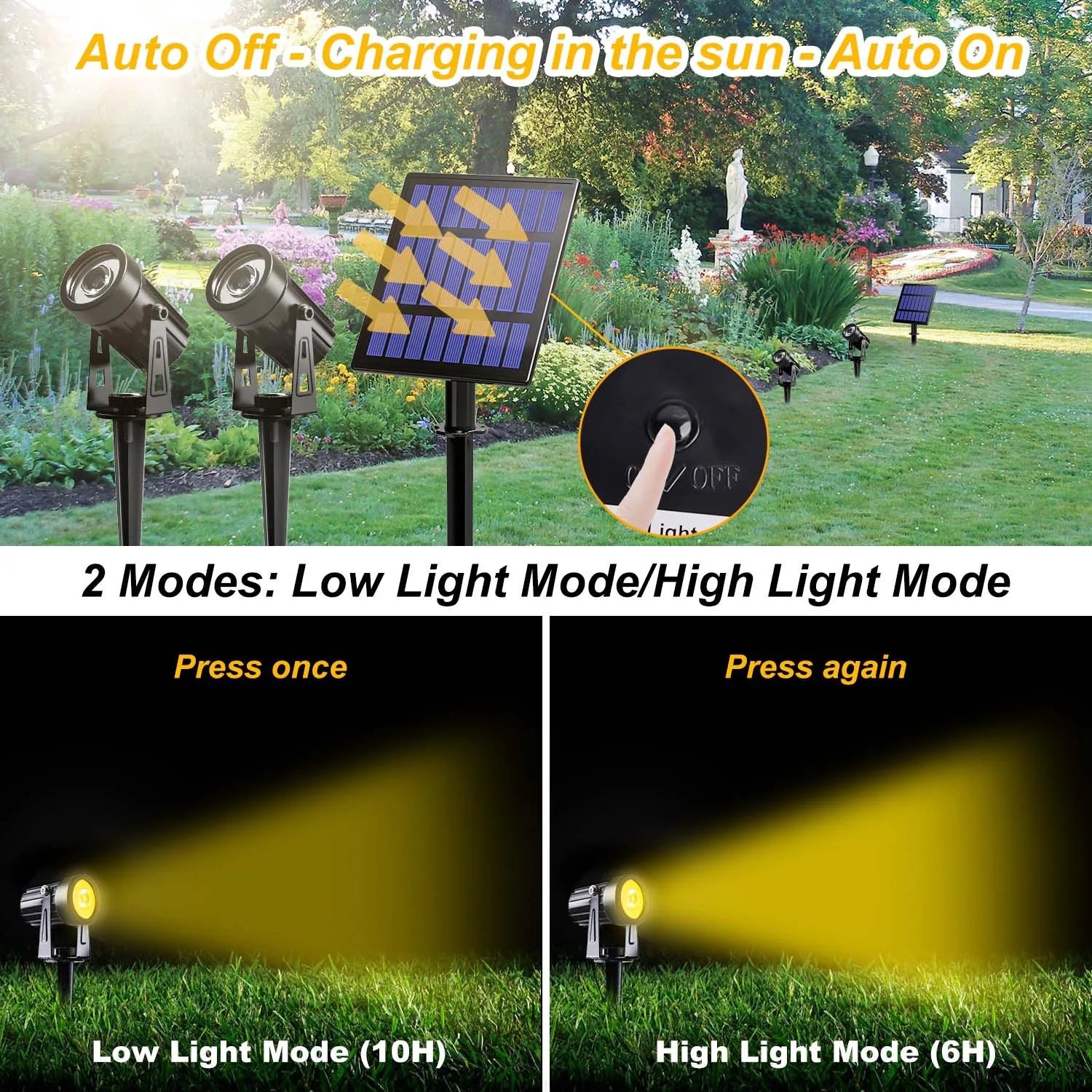 T-sunrise Solar LED Outdoor Light, Automated timer with 2 modes: low (10hr) and high (6hr) brightness, turns off after 3hrs.