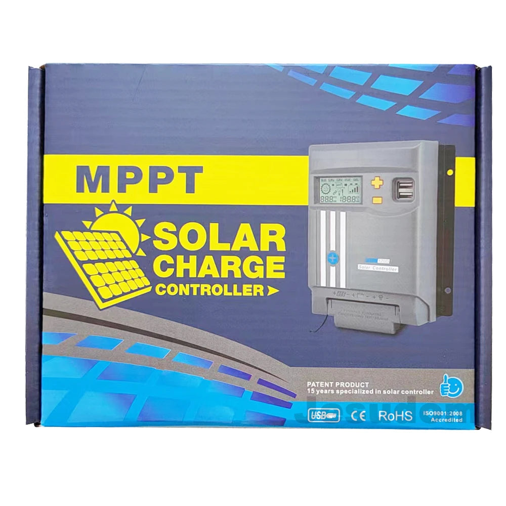 Patented MPPT solar charge controller with 415-year history, compliant with RoHS standards, and featuring USB-C connectivity.