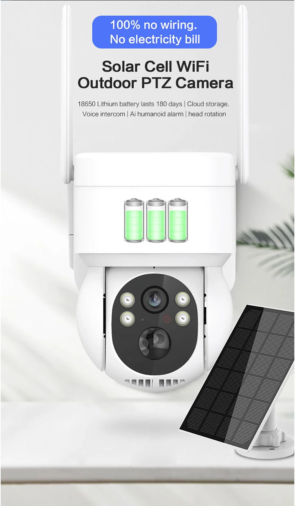 Solar PTZ Camera, Solar-powered WiFi camera with rechargeable battery, cloud storage, and AI-enabled human detection.