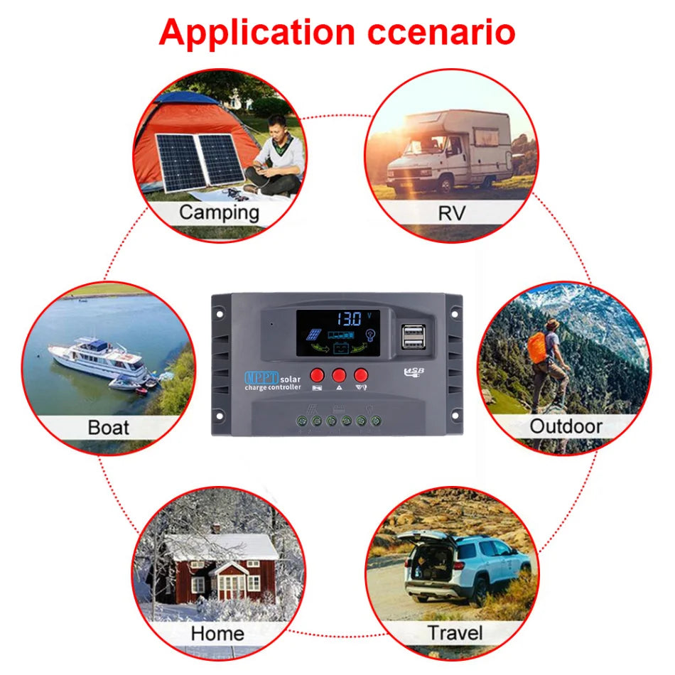 10A-100A 12V/24V MPPT Solar Charge Controller, Portable power supply suitable for camping, RVs, boats, and home use, with 30-series/parallel connection capacity.