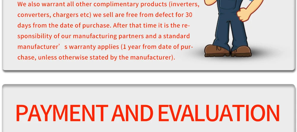 Defect-free guarantee on complementary products (inverters, converters, chargers) for 30 days; manufacturer's warranty applies after that.