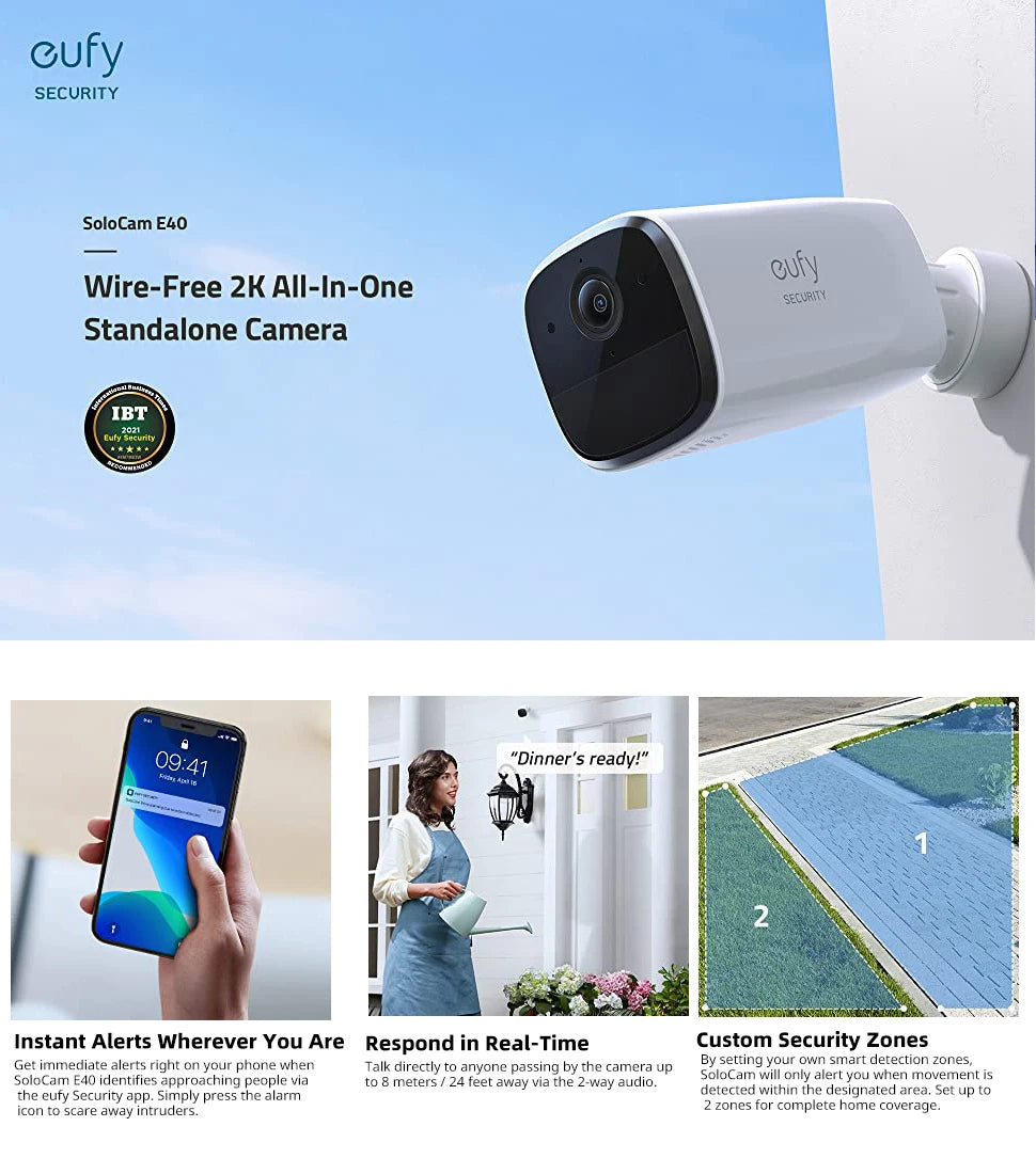 Eufy E40 Security SoloCam, Wireless 2K AI-powered security camera detects people approaching and allows two-way audio and alarm features.