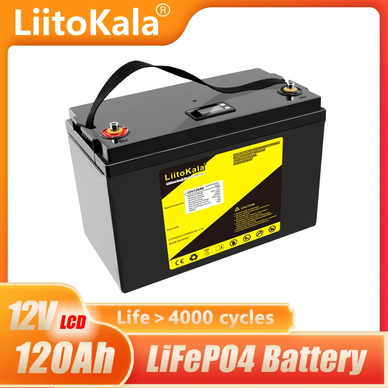 Reliable outdoor power source: LiitoKala 12V 120Ah LiFePO4 battery with BMS for camping and RV use.