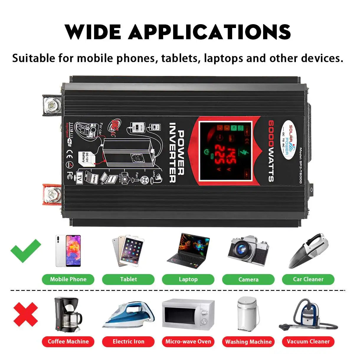 Universal power adapter suitable for multiple devices, including mobiles, tablets, computers, and small appliances.