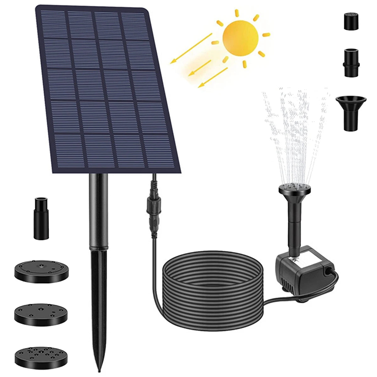 2.5W Solar Fountain, Customize water features with DIY solar pump kit and 4 interchangeable showerheads for unique spray patterns.