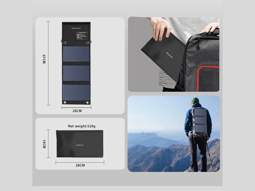 Foldable 28W 21W Solar Panel, Net Weight: 520g, Dimensions: 28cm x 28cm