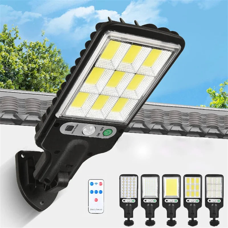 Solar Street Light, Solar-powered outdoor LED lamp with motion sensor and three lighting modes for garden, patio, porch, or driveway use.