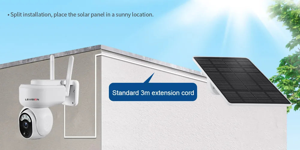 Power camera with solar panel outdoors, then use extension cord indoors.