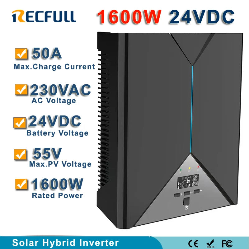 1600W solar inverter with pure sine wave output and hybrid system capabilities.