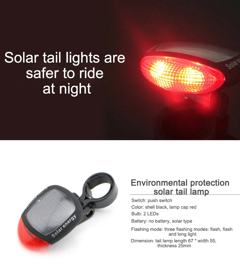 Bicycle Solar Powered MTB Tail Light, Eco-friendly solar-powered tail light for safe night cycling with flashing modes.