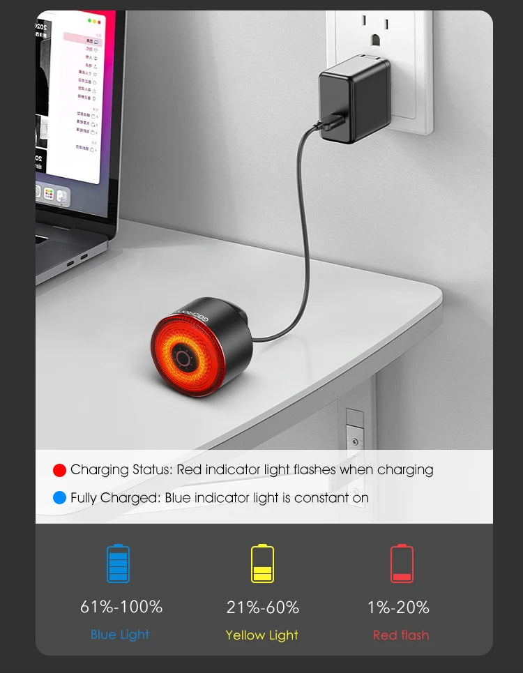 Gaciron LOOP-100 Smart Brake Bike Tail light, Flash red: charging, steady blue: full/partly charged or low battery.