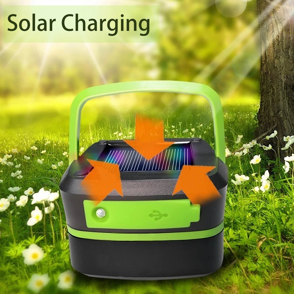 Solar Light, Solar-powered lantern with LED bulbs, waterproof and foldable design, rechargeable via USB or solar.