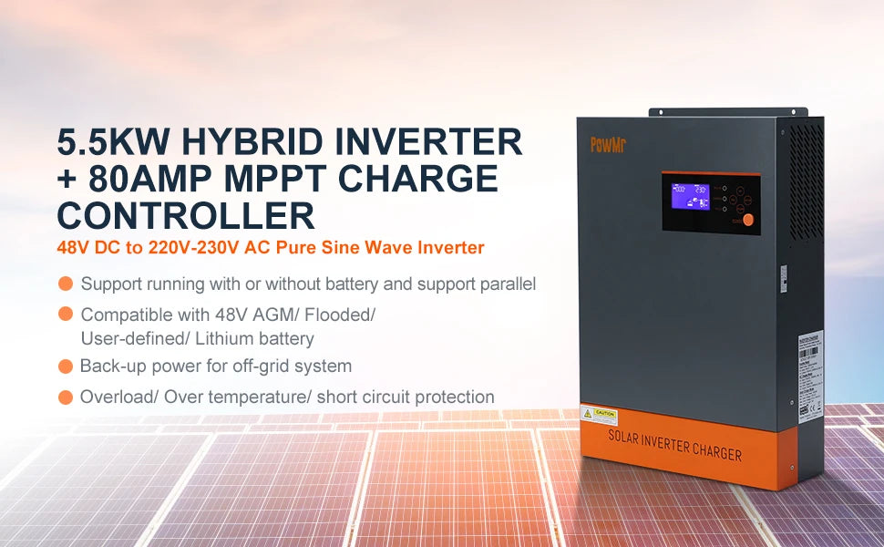 PowMr 5KW Hybrid Solar Inverter, PowMr's hybrid inverter converts solar power to grid-ready AC output with backup battery support.