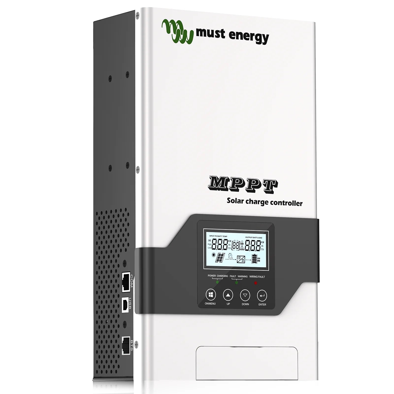 MUST ENERGY 80A 100A MPPT Solar Charge Controller, Solar charge controller with MPPT tech, suitable for 12V-48V systems, featuring fault warnings and protections.