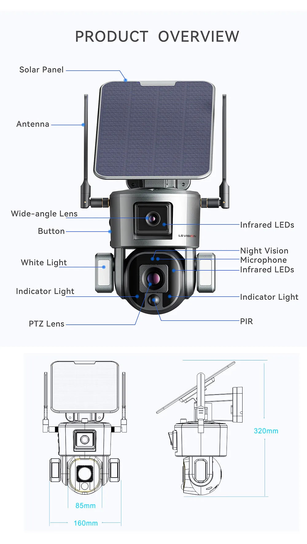 LS VISION LS-MS1-10X Solar Camera, LS-MS1-10X camera with solar panel antenna and advanced features.