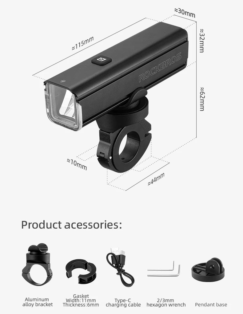 ROCKBROS D3-1000 Bike Front Light, Accessories include gasket, aluminum bracket, charging cable, hex wrench, and pendant base.