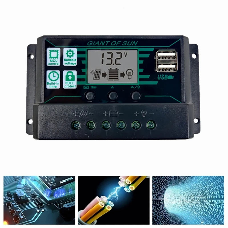 150A Solar Controller, Solar controller with MPPT regulator, dual USB ports, and LCD display for efficient solar charging and battery monitoring.