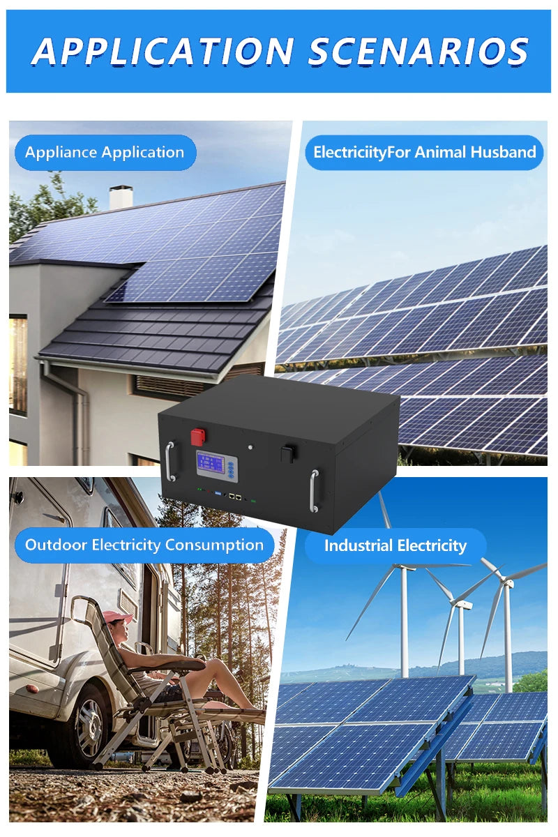 48V 200Ah 100AH LiFePO4 Battery, Suitable for various applications: outdoor lighting, animal husbandry, industrial power supply, and more.