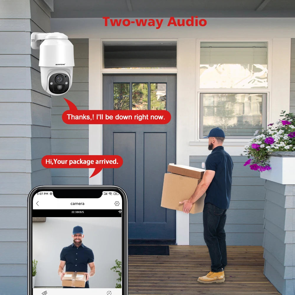 BOAVISION D4 Solar Camera, Package delivered early with two-way audio enabled.