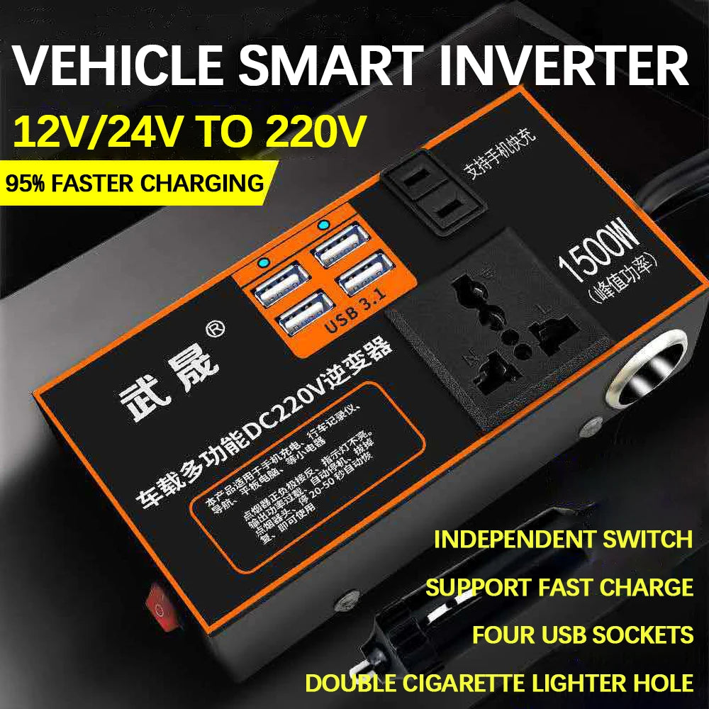 Car Inverter: Convert 12V/24V DC power to 220V AC with fast charging and multiple safety features.