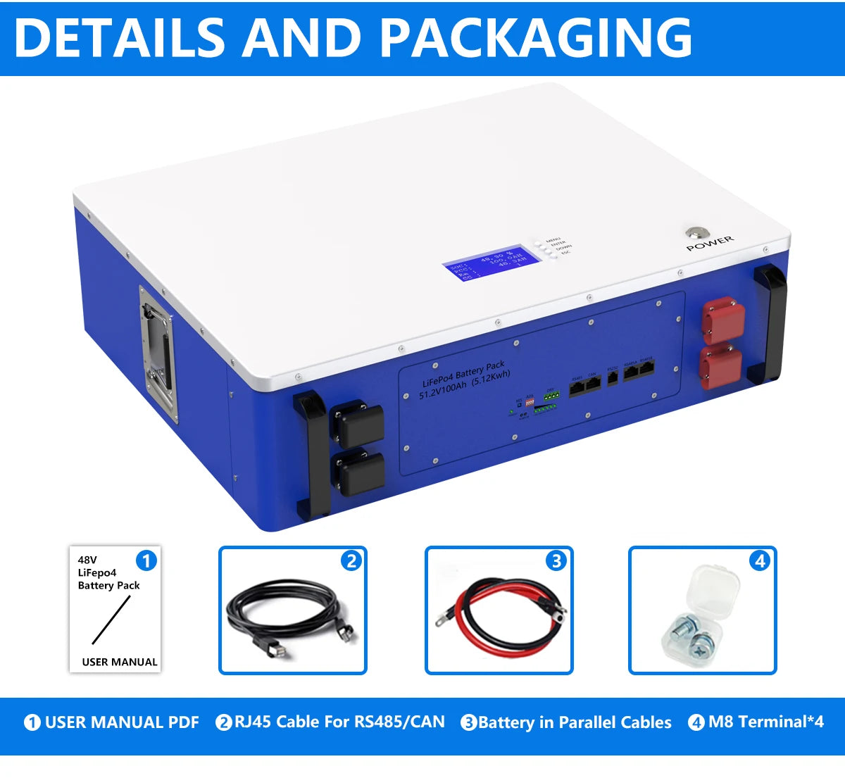 Powerwall 48V 100Ah 200Ah LiFePO4 Battery, Powerwall battery pack with accessories for parallel connection, features LiFePO4 chemistry and up to 6,000 cycles.