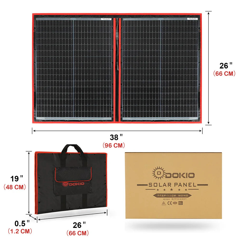 DOKIO 18V 100W 300W Portable Ffolding Solar Panel, NOCT Solar Panel: Foldable, compact, and efficient solar panel with DC1000V maximum voltage.