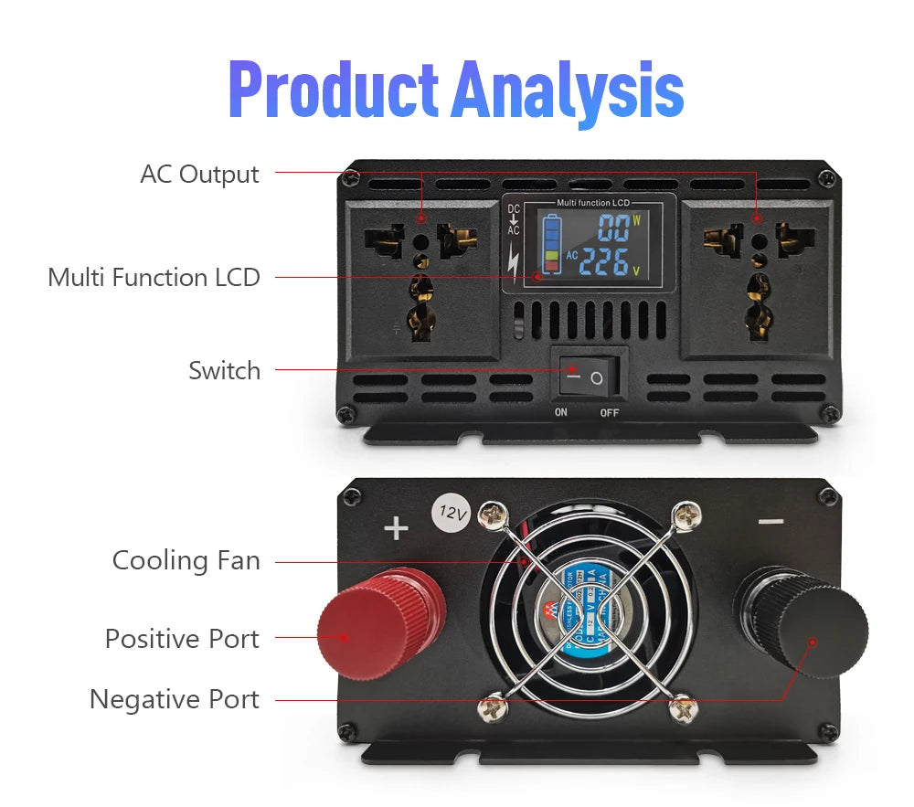 LED 3000W Pure Sine Wave Inverter, Reliable power supply with LCD display, automatic shutdown, and cooling fan for efficient operation.