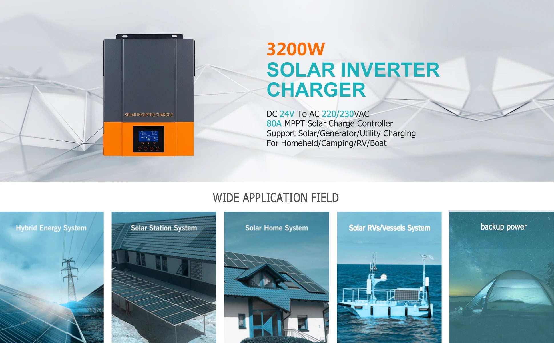 Hybrid solar inverter for photovoltaic systems, converting DC power to AC with built-in charger and maximum output of 3.2kW.