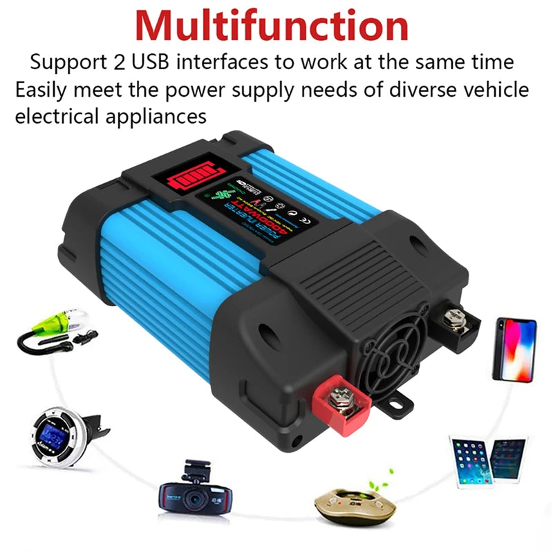 12V to 110/220V Solar Panel, Simultaneous device charging with two USB ports for convenient and reliable power supply.