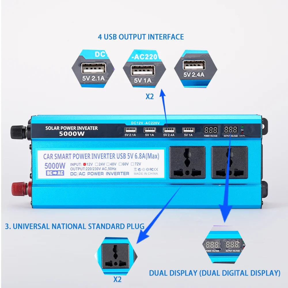 3000/4000/5000W Inverter, 3000W Inverter with DC input and AC output, LCD displays, USB ports, and solar car power applications.