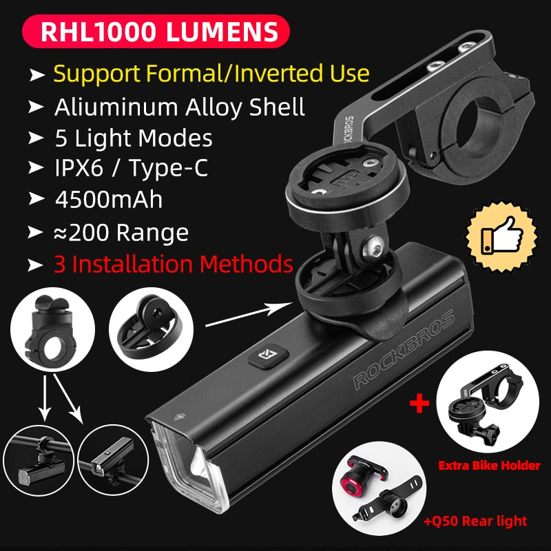 ROCKBROS D3-1000 Fahrrad-Frontlicht – IPX6 regensicheres, wiederaufladbares Typ-C-Fahrradlicht, 1000 lm, Fahrradscheinwerfer, LED-Taschenlampe, MTB-Fahrradlampe