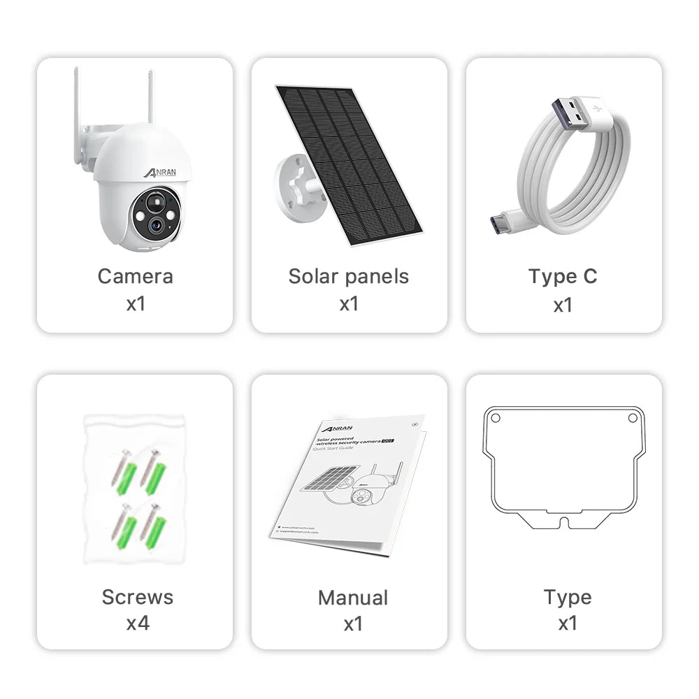 ANRAN 3MP Battery Camera, Solar-powered camera with USB-C rechargeability and screw-based installation.
