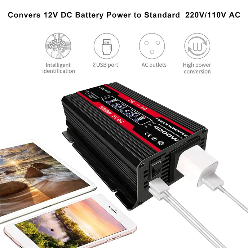 Universal Power Inverter with 12V DC input, converting to 220V/110V AC power with USB and AC outlets.