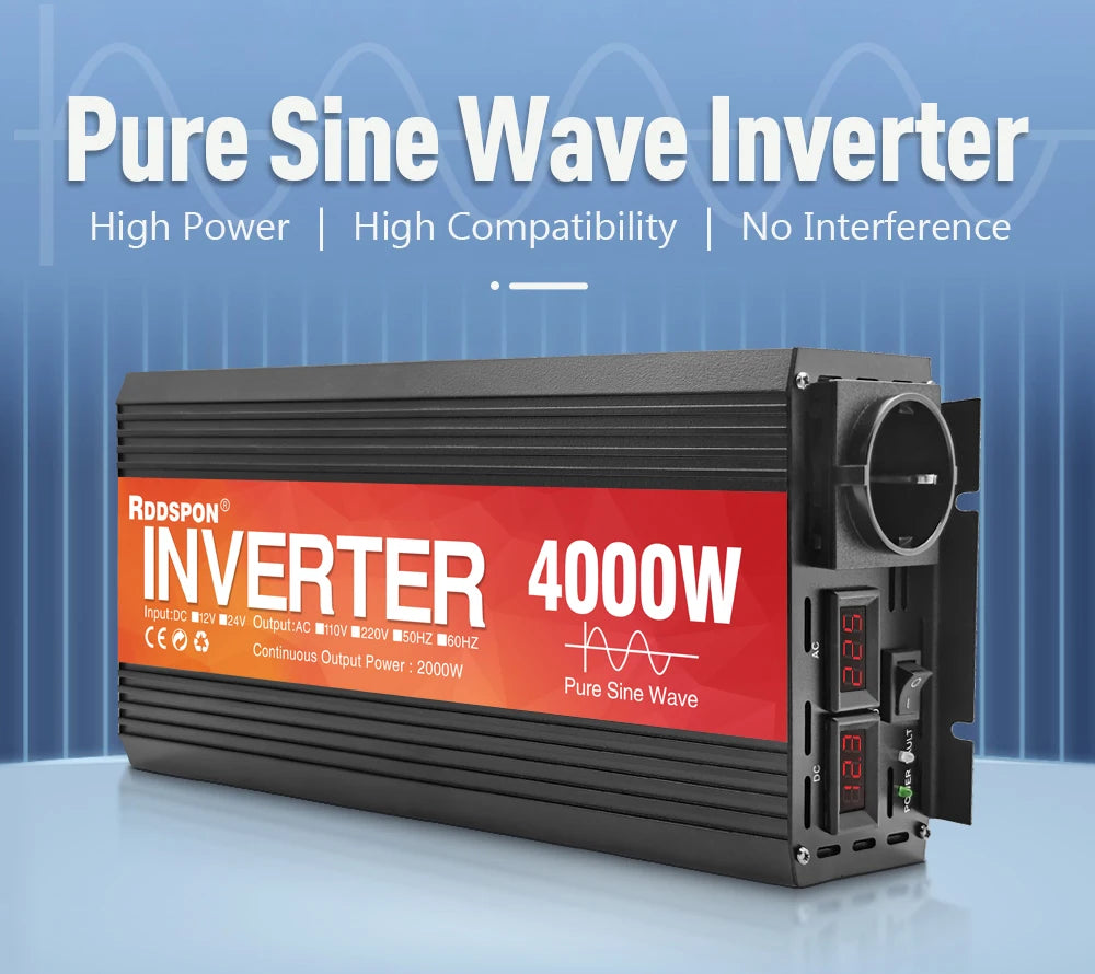 New Pure Sine Wave Inverter, Pure sine wave inverter for high-power applications with DC input of 12V or 24V and AC output of 220V.