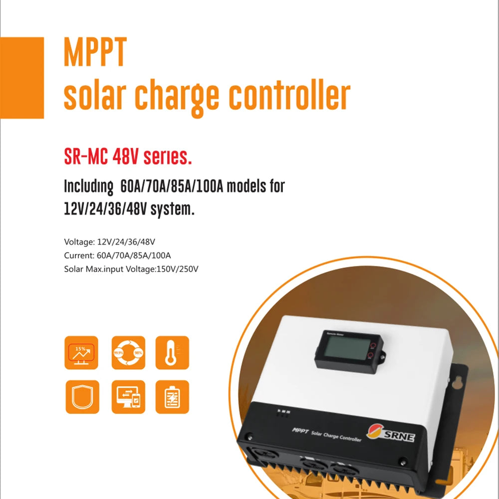 SRNE MPPT Solar Charge Controller: Multiple models support various battery types and voltages up to 250VDC max input.