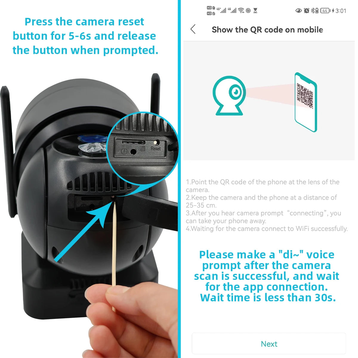 WiFi PTZ Camera, Scan QR code using mobile device at 25-35cm distance