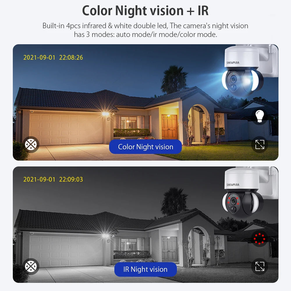 SHIWOJIA ST-518 Solar Camera, Night vision camera with auto, IR, and color modes; features built-in LED lights for enhanced visibility.