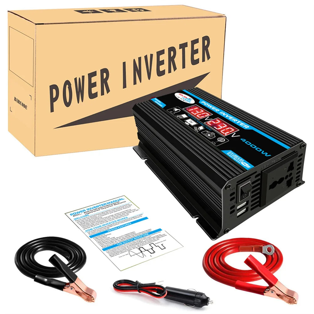 4000W Peak Solar Car Power Inverter, High-power solar inverter converts 12V DC to 220V AC with USB ports and modified sine wave tech.