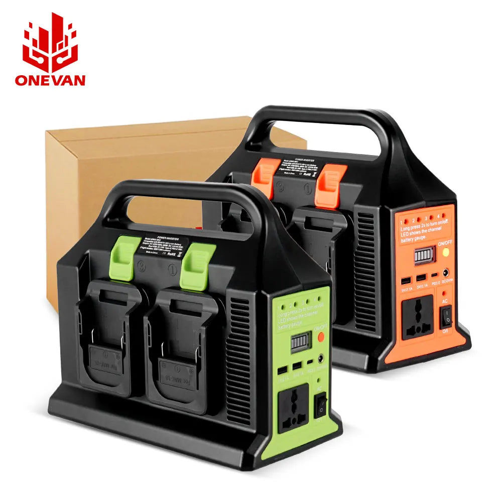 ONEVAN 300W Sine Wave Inverter, Inverter converts Makita 18V battery to AC power with USB and power bank features.