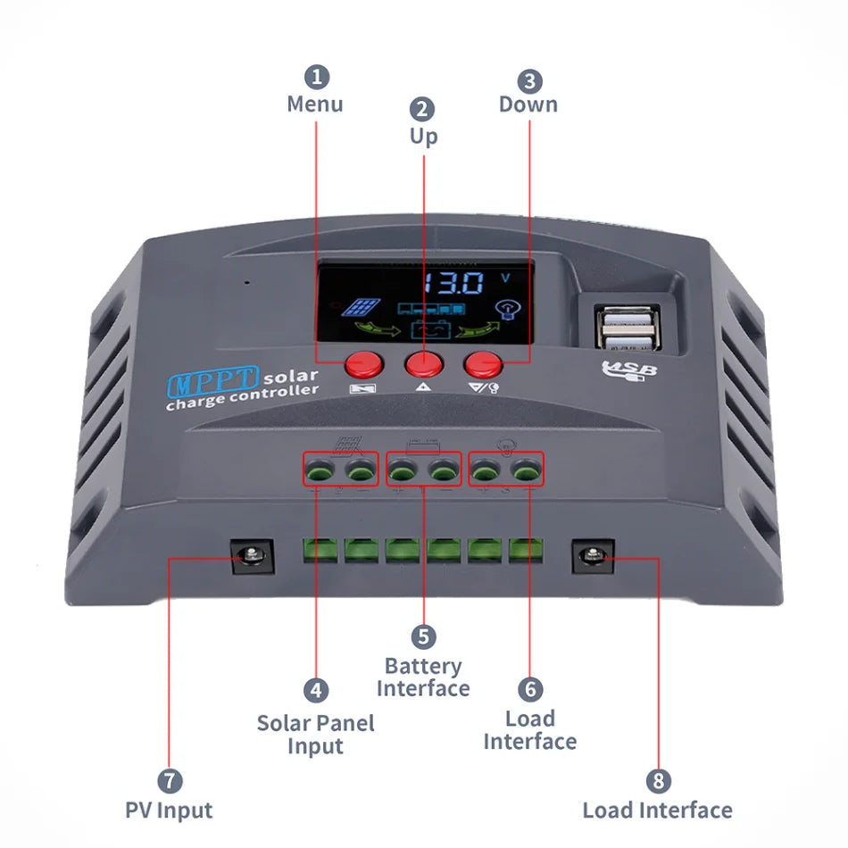 10A-100A 12V/24V MPPT Solar Charge Controller, Charge control panel with menu options for battery, solar, and load interfaces, including maximum power point tracking.