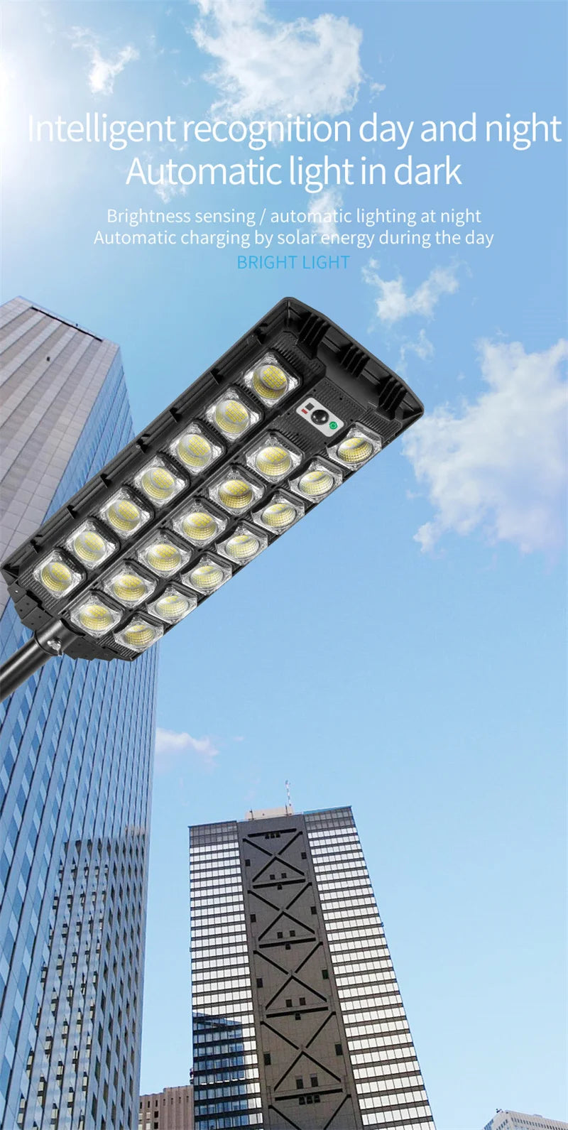 15000LM Solar Street Light, Smart solar-powered street light that turns on at dusk, brightens in darkness, and recharges during daylight.
