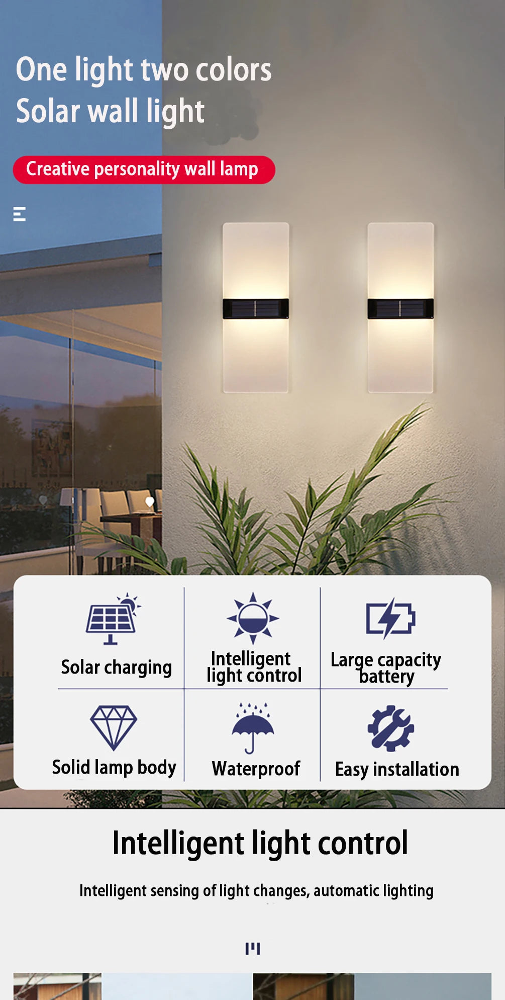 LED Solar Wall Light, LED Solar-Powered Wall Light with Waterproof Design, Easy Installation, and Intelligent Sensing.