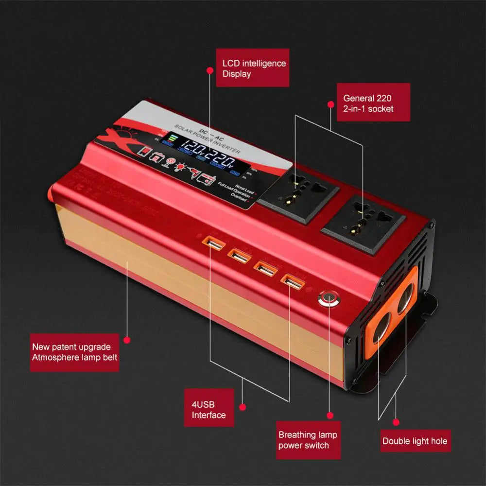 Pure Sine Wave Inverter, Power inverter with LCD display, 220V outlet, and 4 USB ports, plus breathing lamp and power switch.