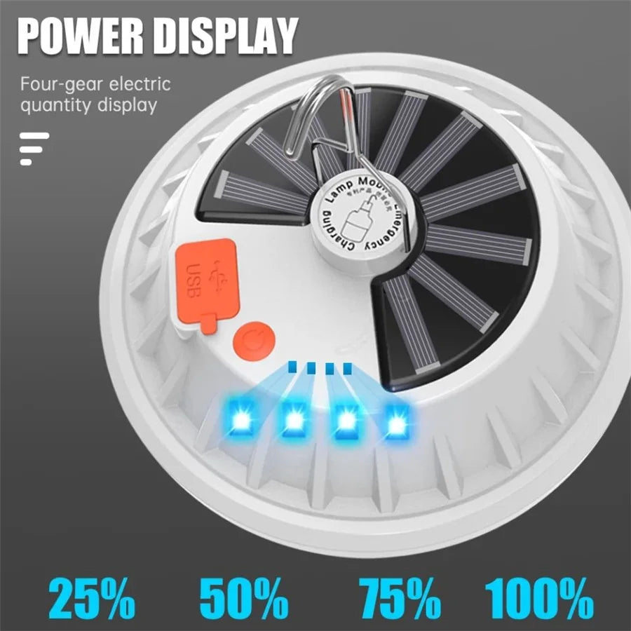 120LED Portable Solar Camping Light, Electric capacity meter displaying 6.25V and 75.9Ah at 100%.