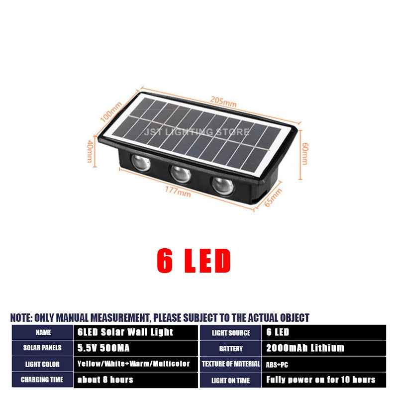 Solar LED Wall Light, Waterproof solar light with rechargeable battery and energy-efficient design.