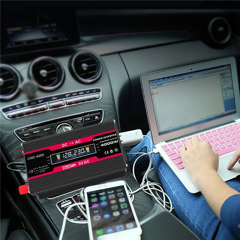 4000W LCD Display Solar Power Inverter, Charge multiple devices with a single inverter featuring one AC outlet and two USB ports.