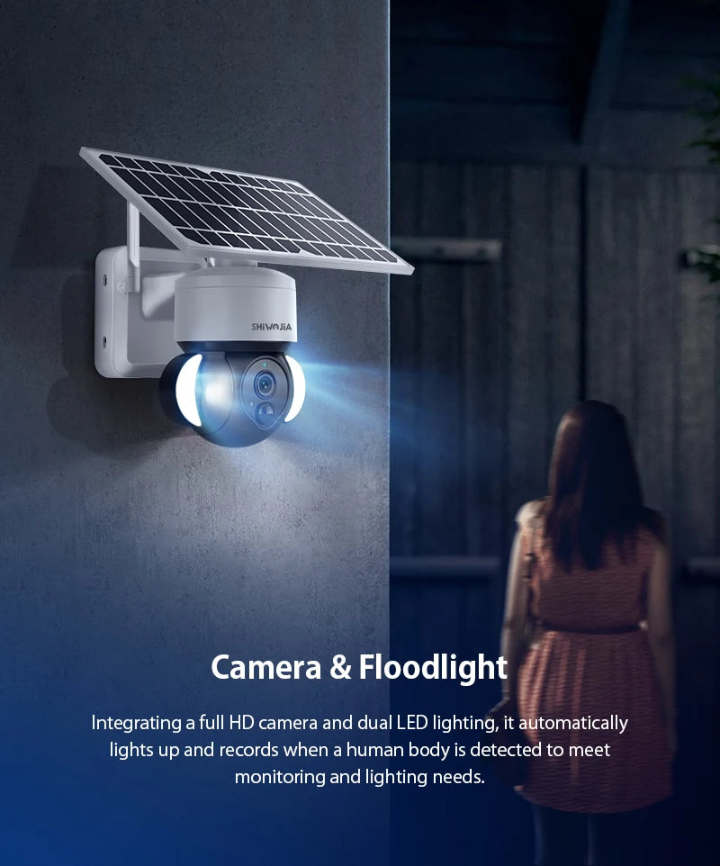 SHIWOJIA ST-518 Solar Camera, Smart security camera with HD video, dual LEDs, and motion detection features.