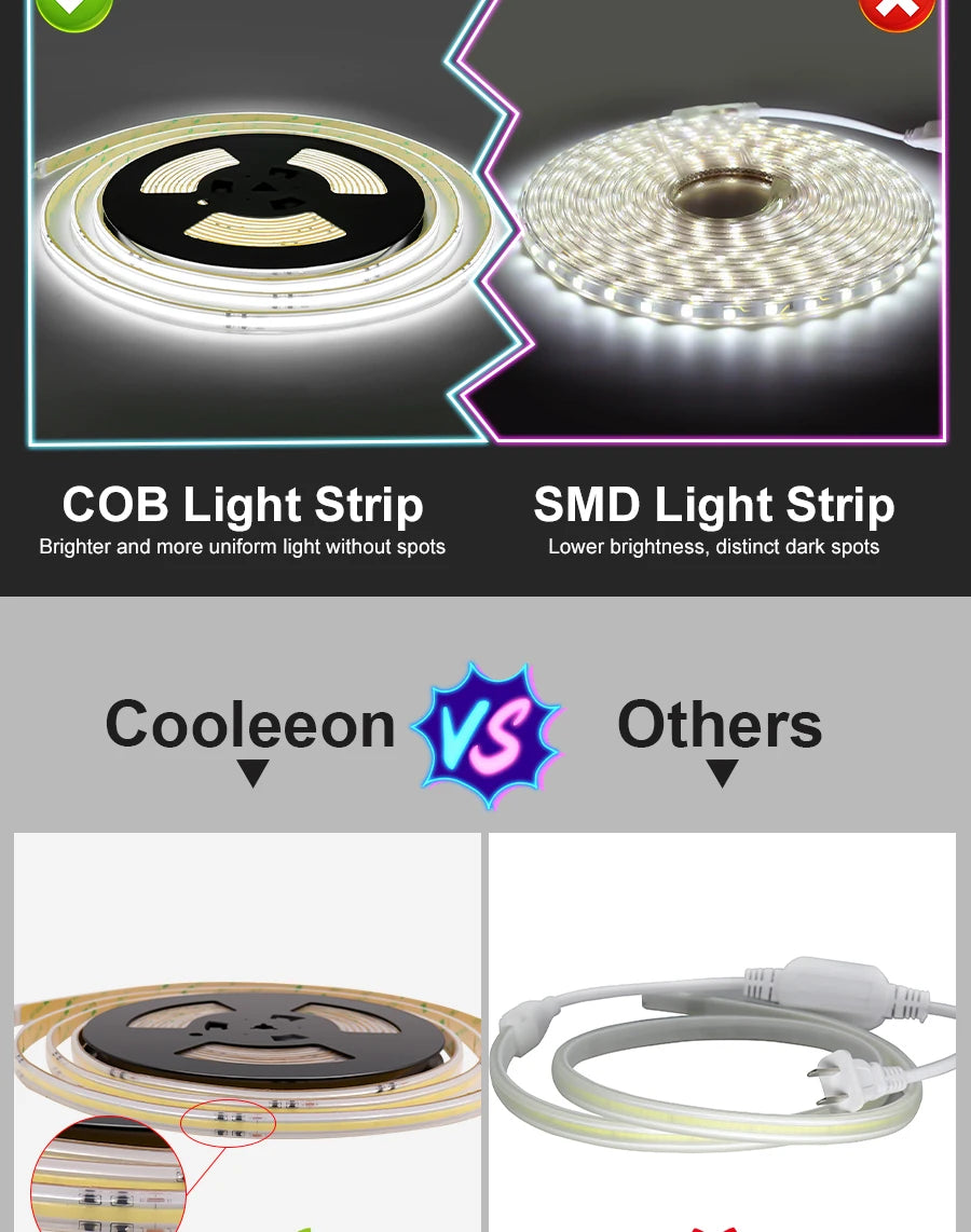 High-quality COB LED strip provides bright, even lighting without dark spots.